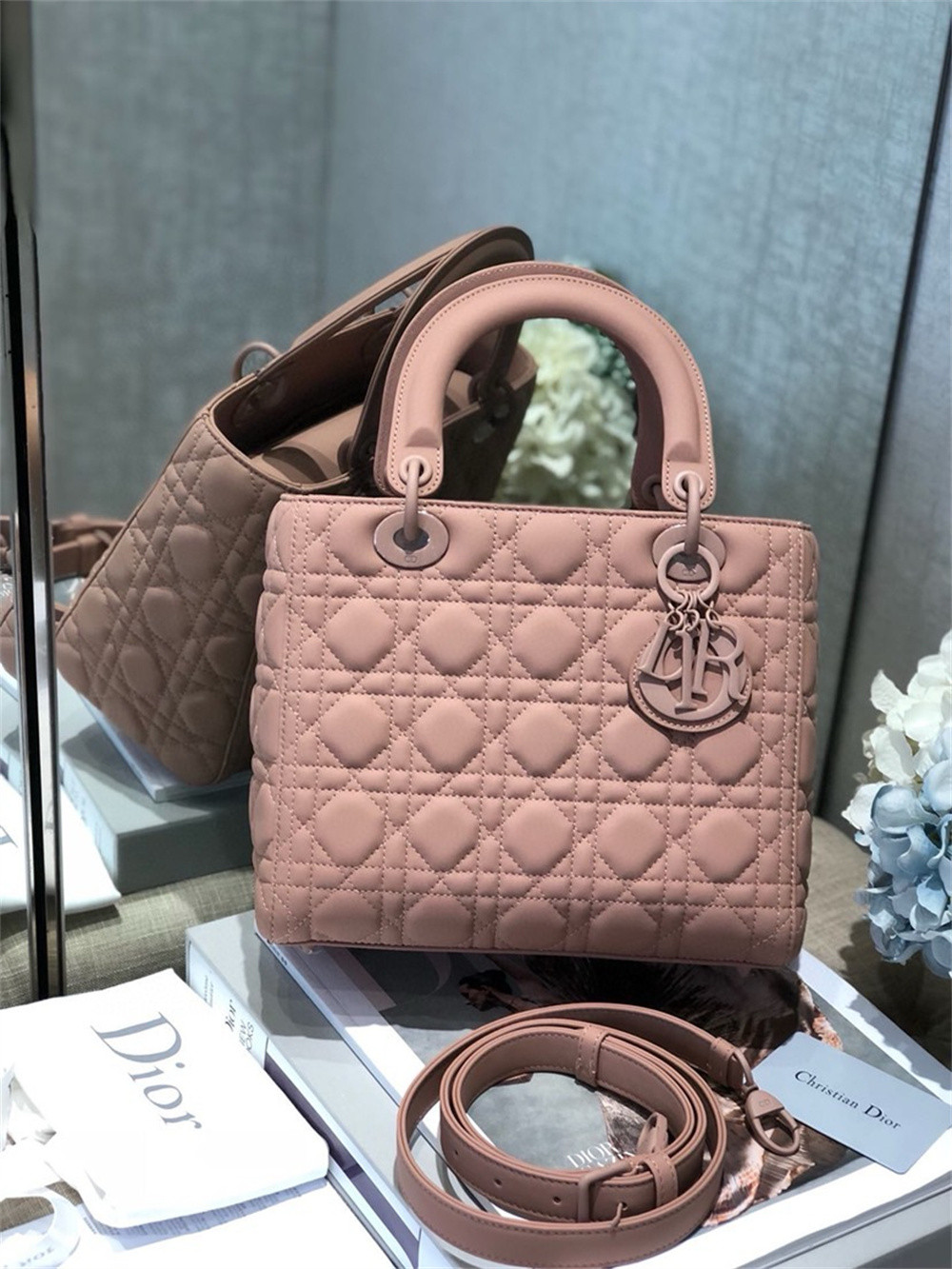 medium lady D*or bag 9.5 x 8 x 4.5 inches