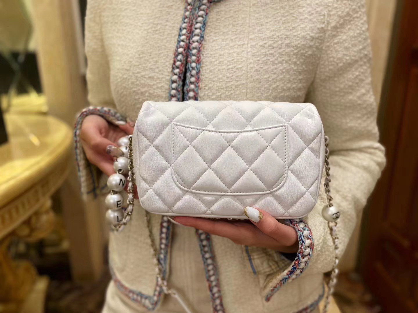 Ch*el small pearl bag in white