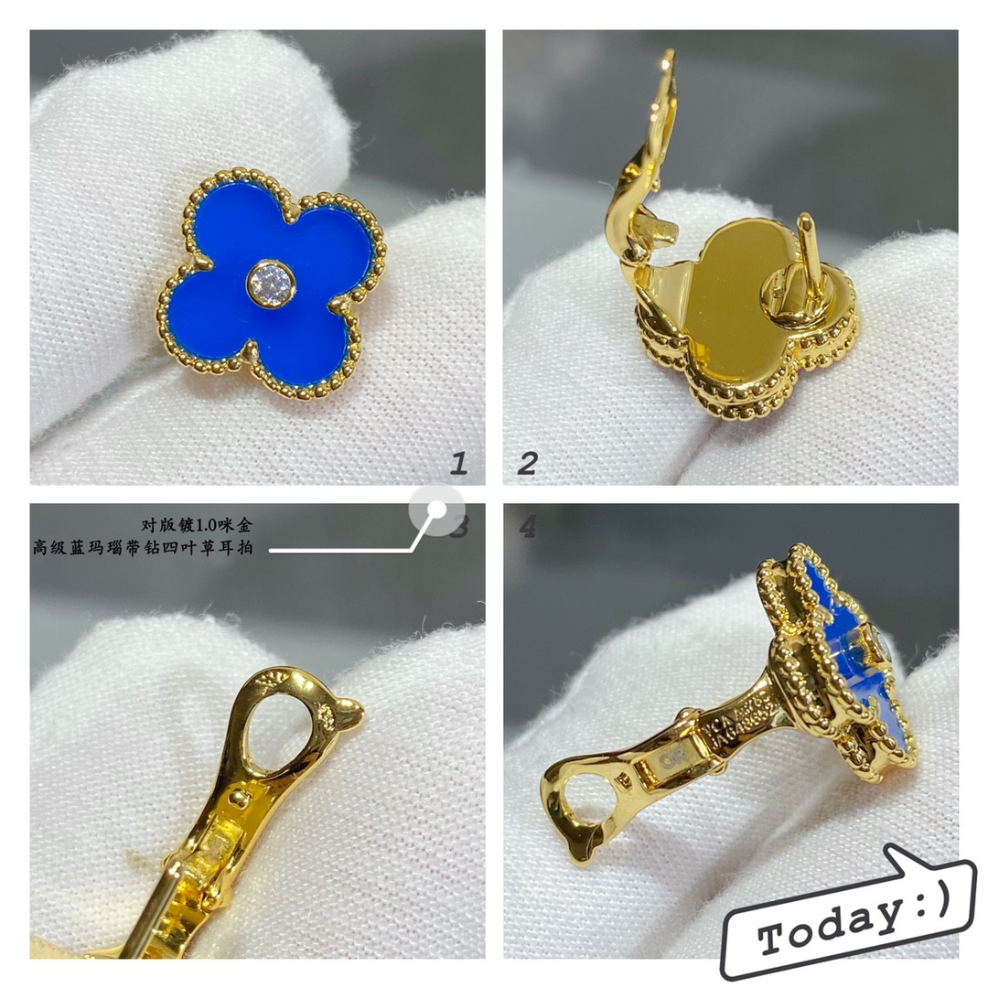 v*n cl*f & arpels sapphire blue agate Di*m*nd four-leaf clover earrings