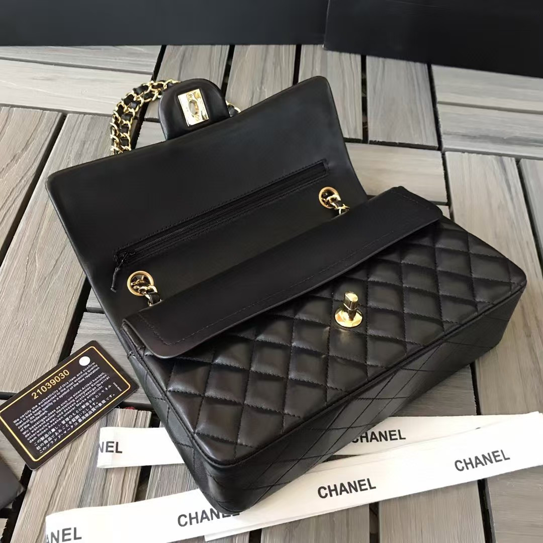 Ch*el small classic handbag gold  metal black 14.5×23×6cm