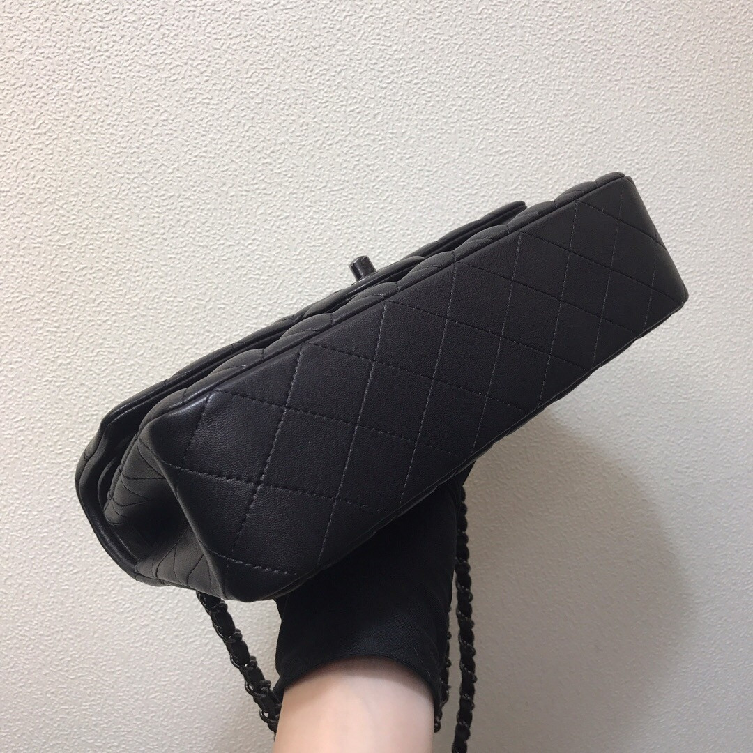 Ch*el crumpled calfskin quited double flap black  15.5x25.5x6.5cm