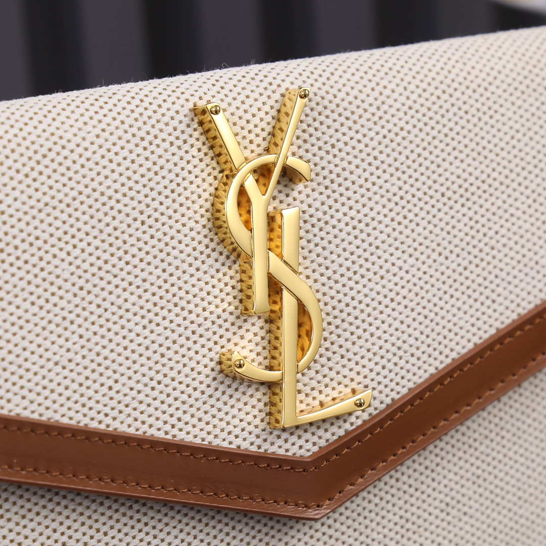Y*L uptown pouch in canvas and smooth leather natural beige 10.6 x 6.2 x 0.7 inches