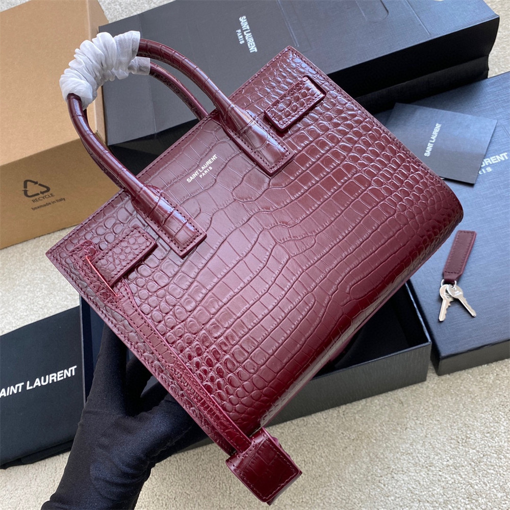 Y*L sac de jour nano in crocodile embossed leather rouge legion 8.6 x 6.8 x 3.5 inches