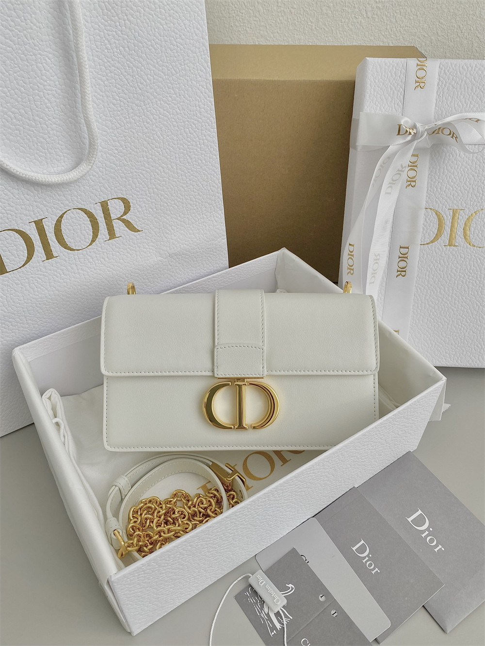 D*or 30 montaigne east-west bag with chain latte calfskin 21 x 12 x 6 cm / 8.5 x 4.5 x 2.5 inches