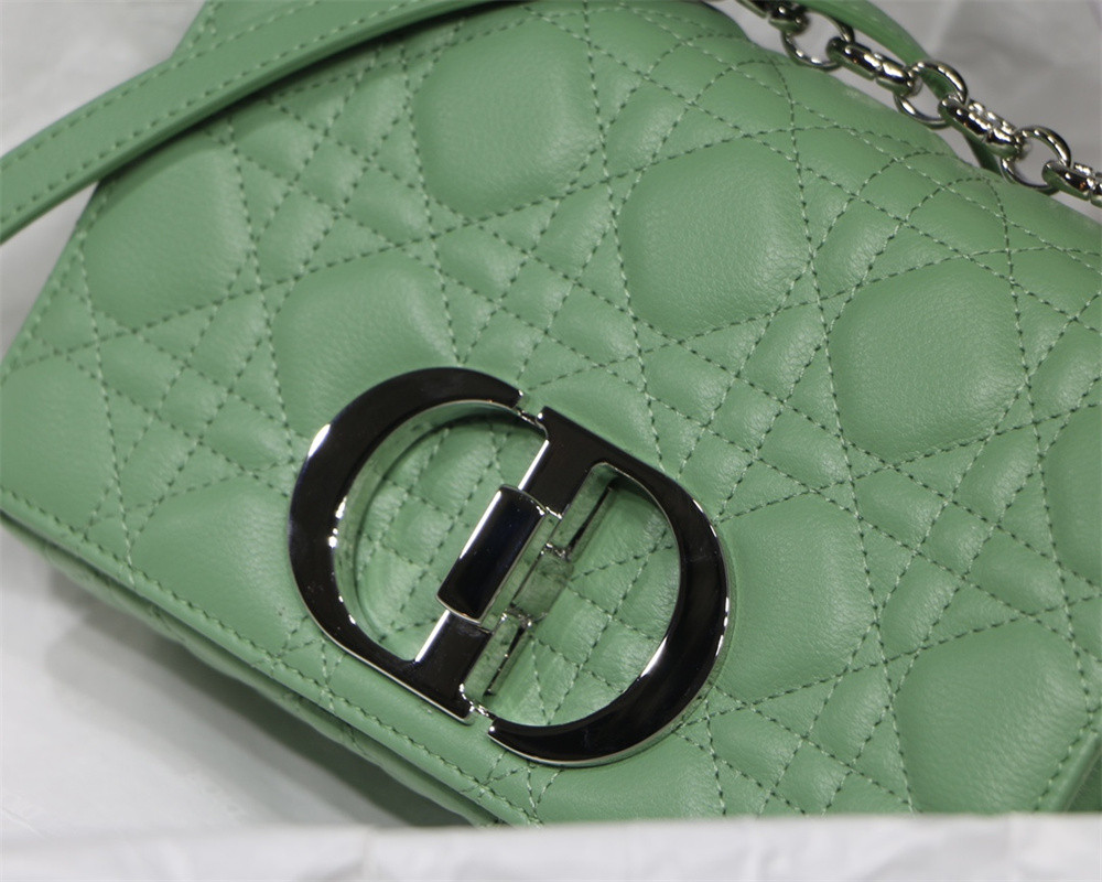 small d*or caro bag green S*pple cannage calfskin with silver hardware 20 x 12 x 7 cm