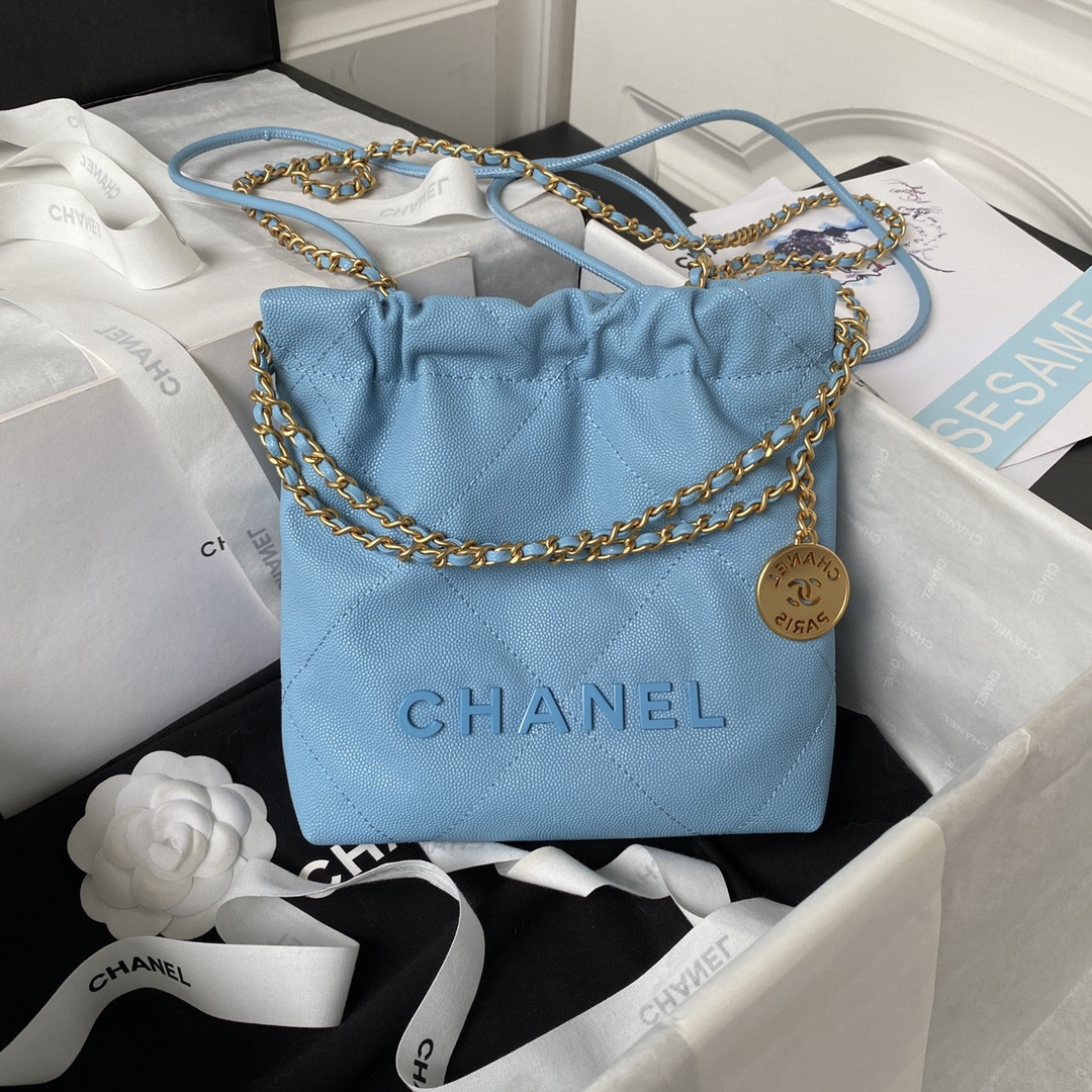 Ch*el 22 mini handbag grained leather blue 7.8 × 7.4 × 2.3 in