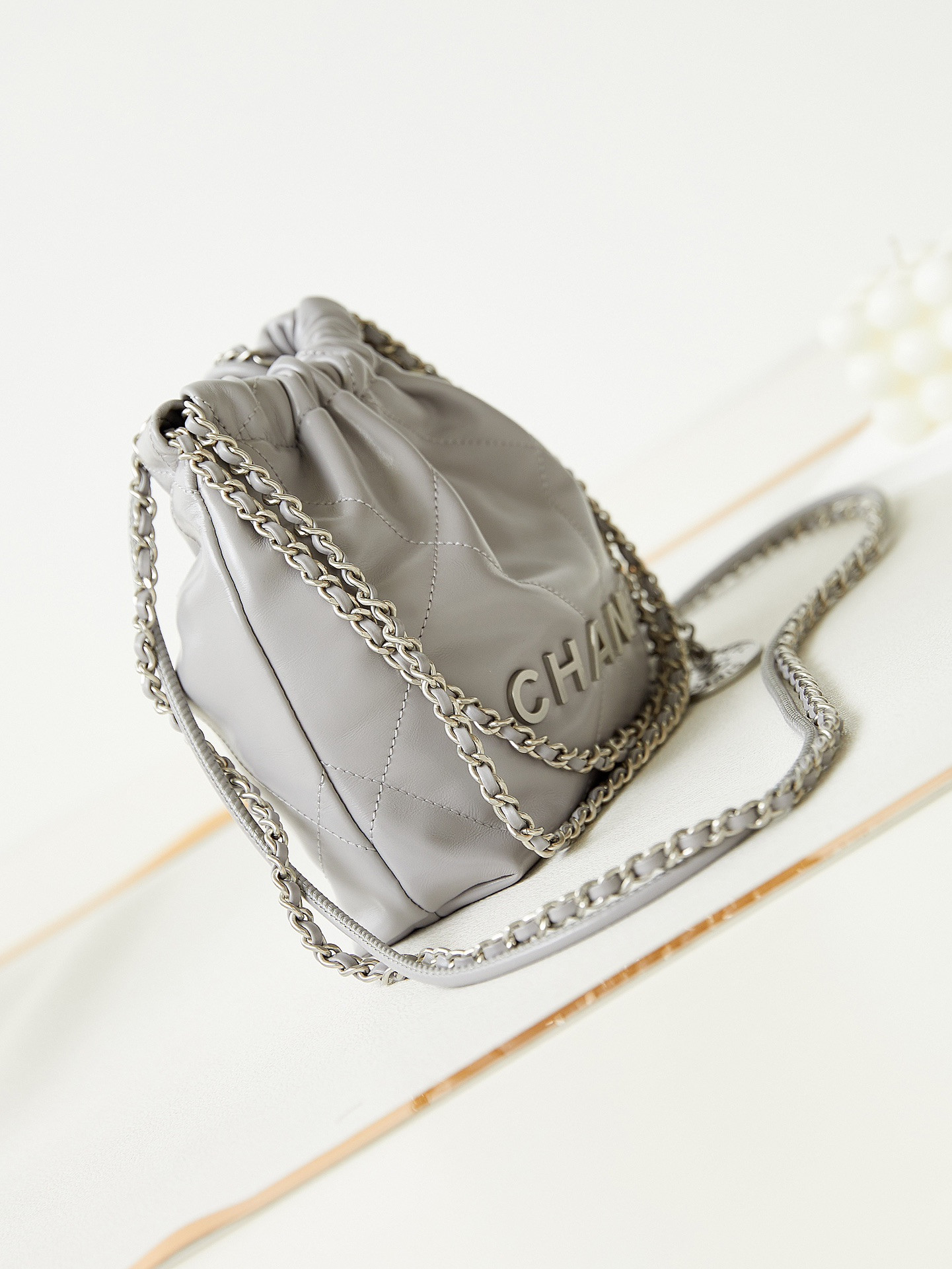 Ch*el 22 mini handbag shiny calfskin grey 7.8 × 7.4 × 2.3 in