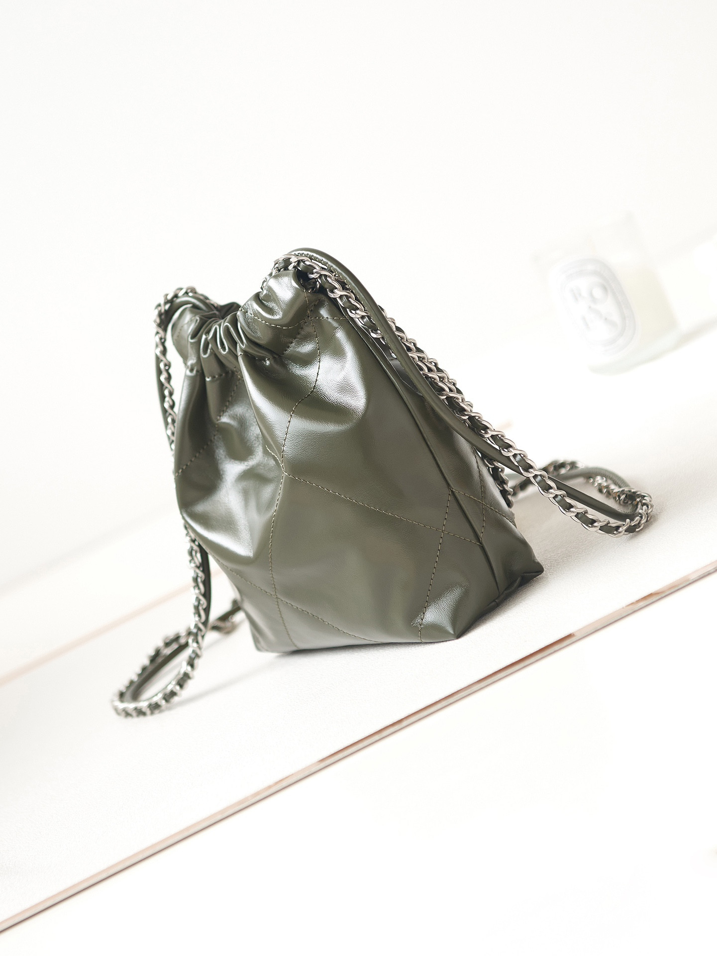 Ch*el 22 mini handbag shiny calfskin & silver-tone metal black 7.8 × 7.4 × 2.3 in