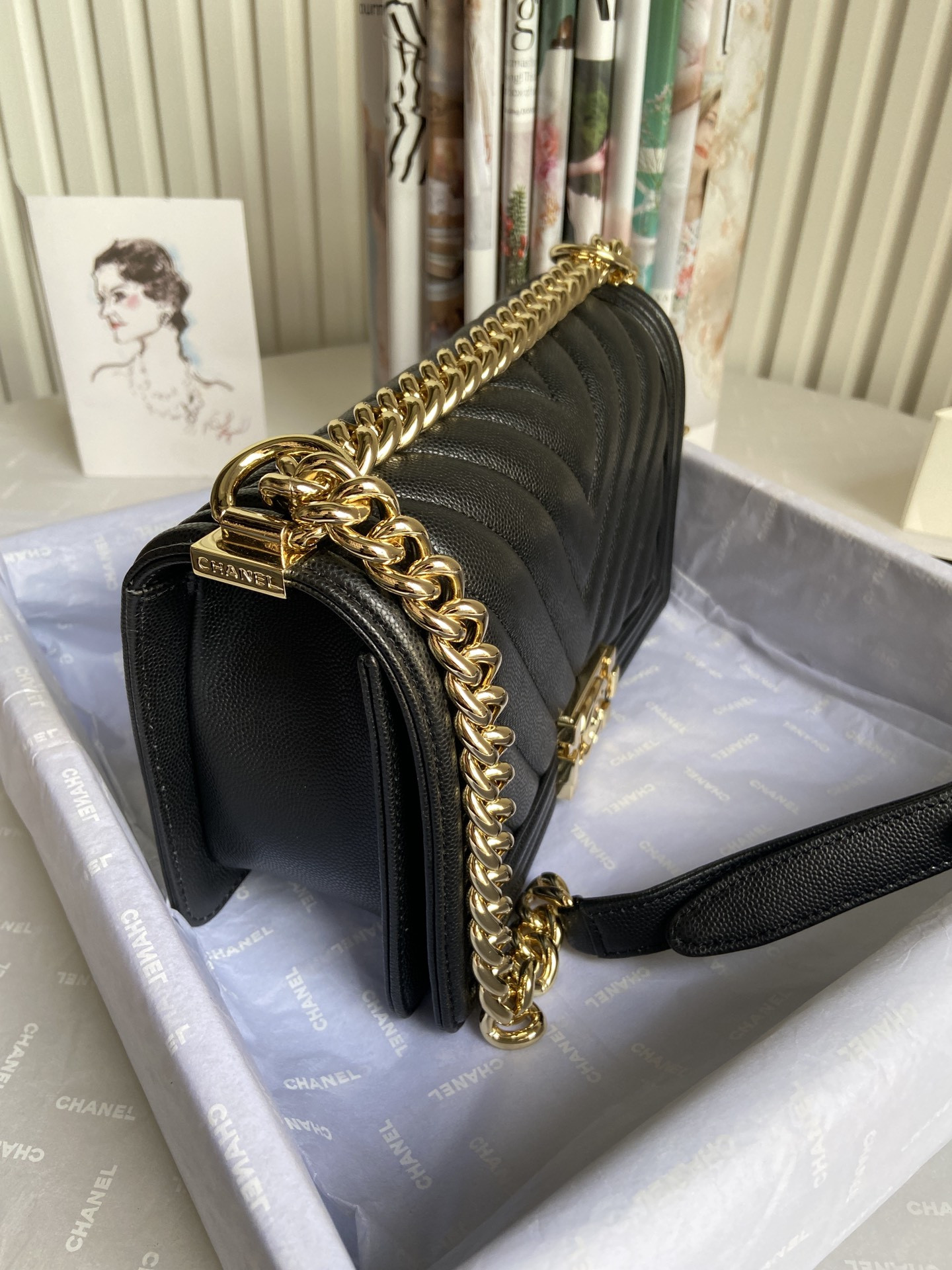 boy Ch*el handbag shiny grained calfskin & gold-tone metal black 5.9 × 9.8 × 3.5 in