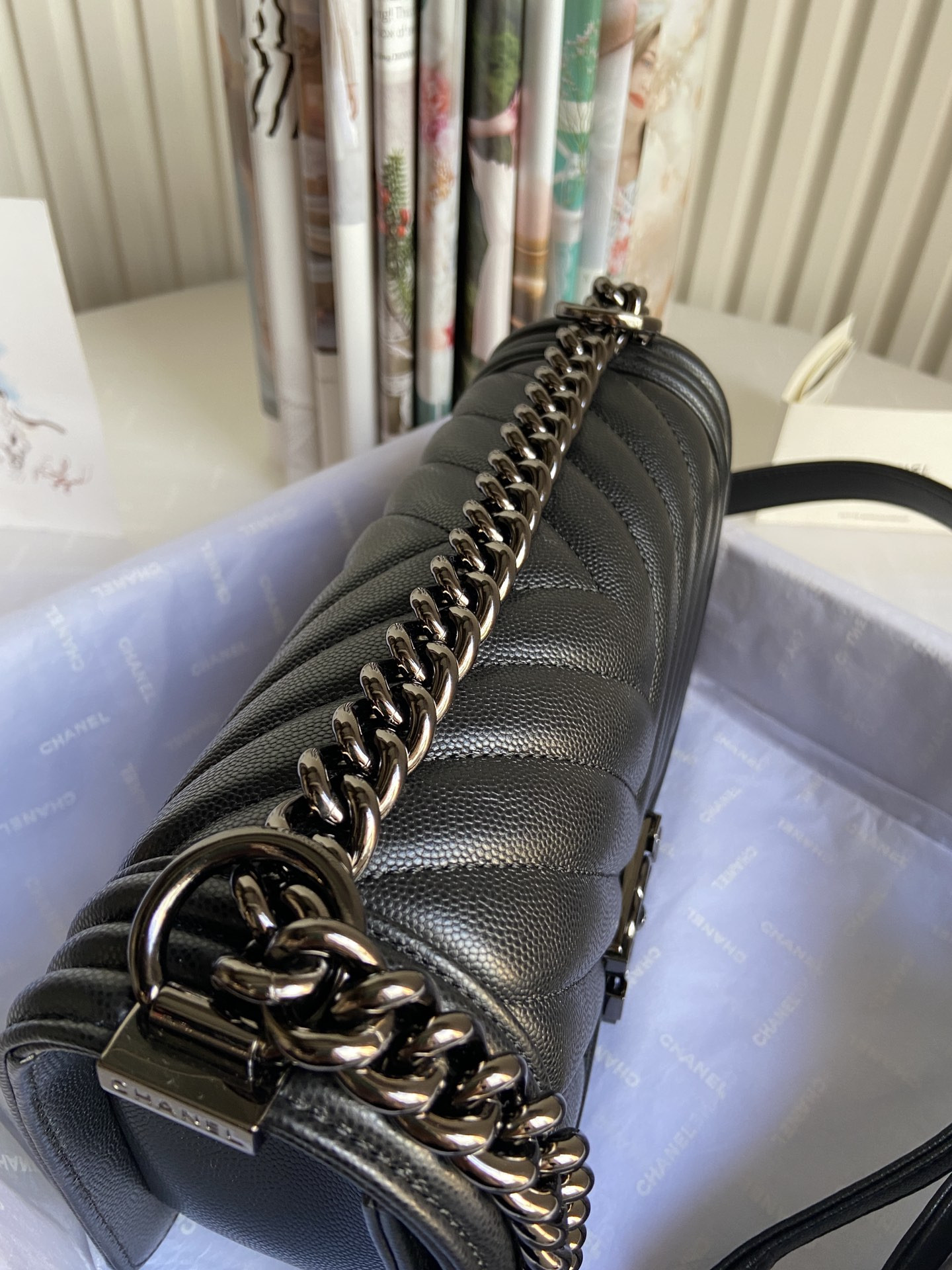 boy Ch*el handbag shiny grained calfskin black 5.9 × 9.8 × 3.5 in