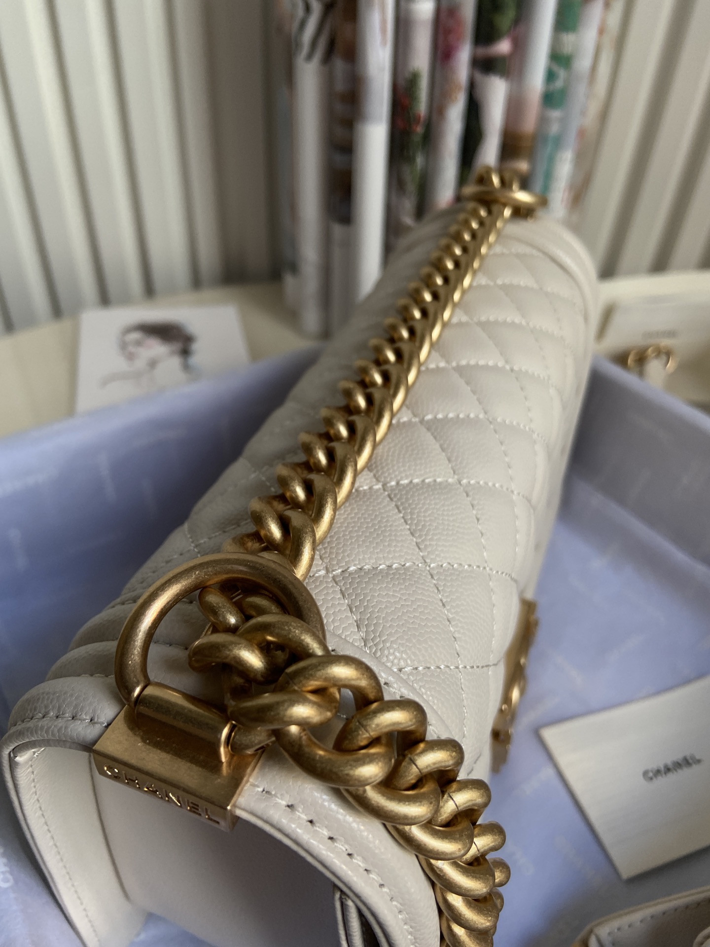 boy Ch*el handbag shiny grained calfskin & gold-tone metal beige 5.9 × 9.8 × 3.5 in