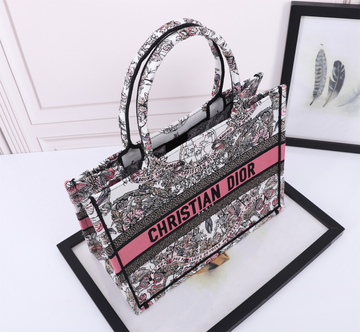 medium D*or book tote  white and pastel pink butterfly around the world embroidery 14 x 11 x 6.5 inches