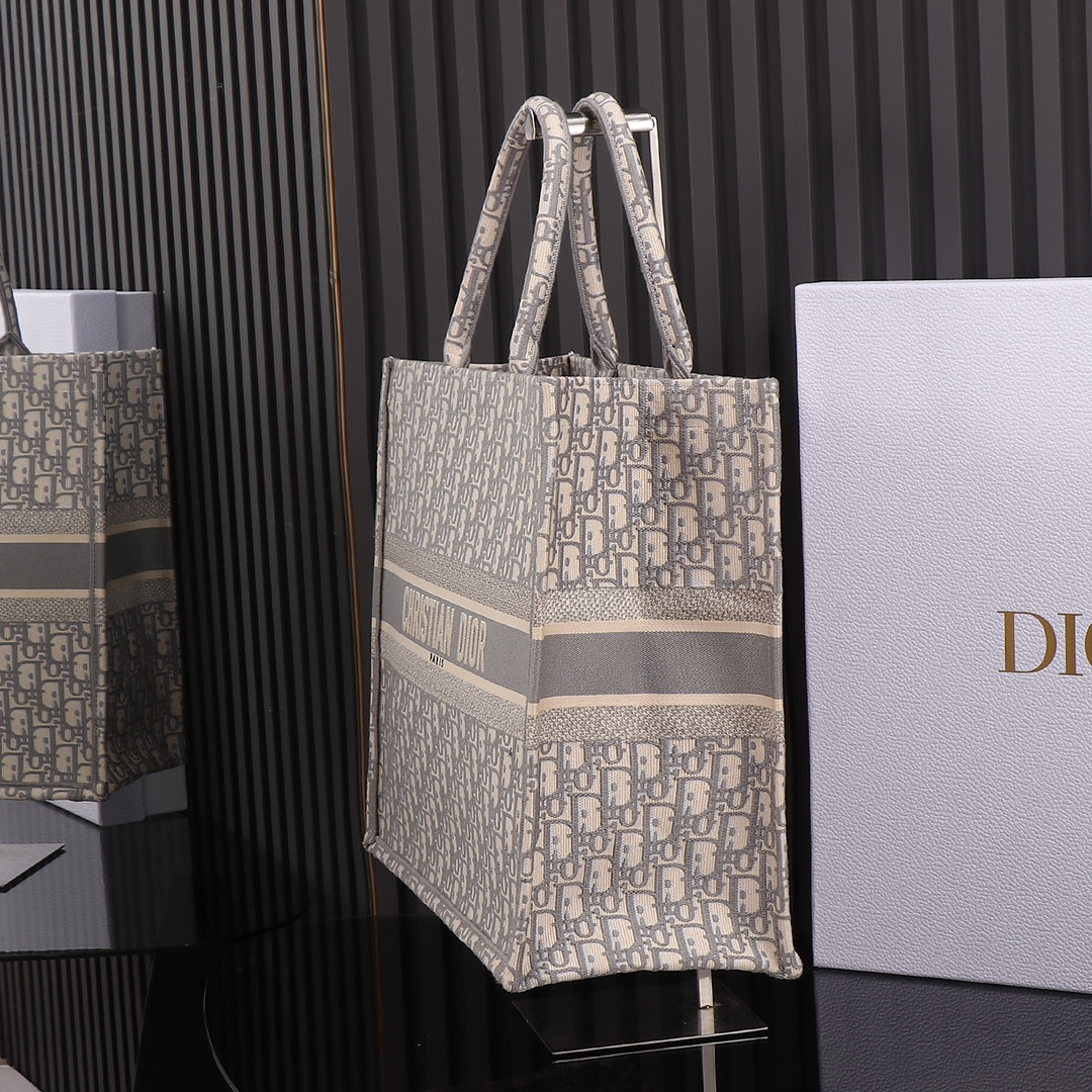 large D*or book tote ecru and gray D*or oblique embroidery 16.5 x 14 x 7.5 inches