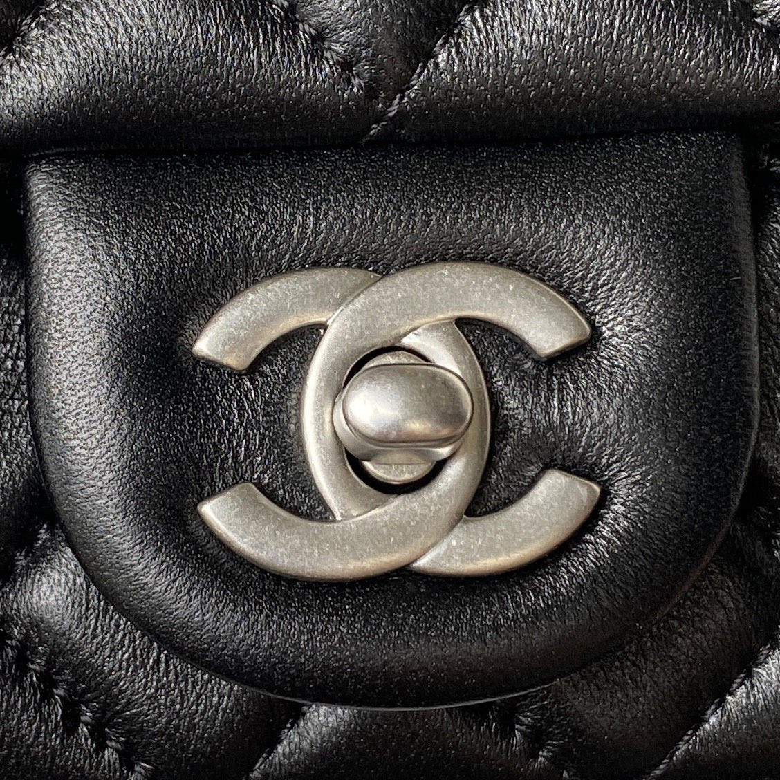 Ch*el mini flap bag shiny calfskin & silver-tone metal black 5.3 × 6.6 × 3.1 in
