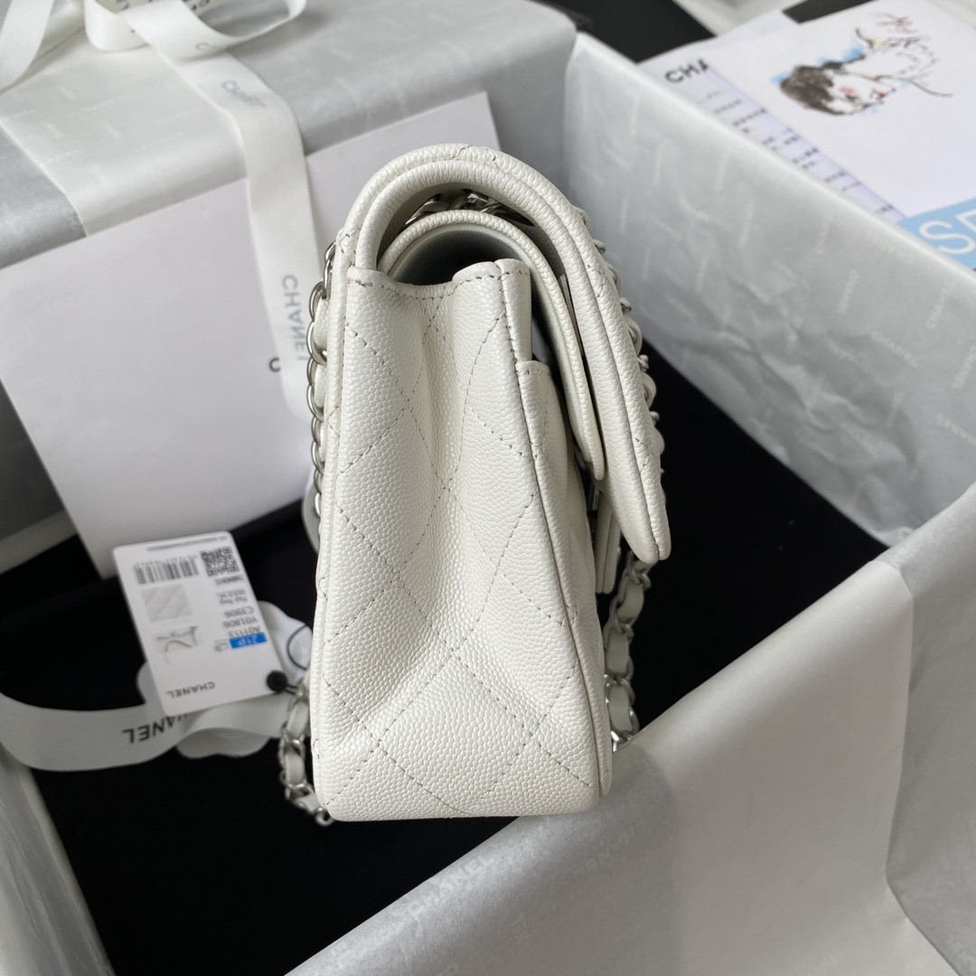 Ch*el small classic handbag grained calfskin & silver-tone metal white 5.7 × 9 × 2.3 in