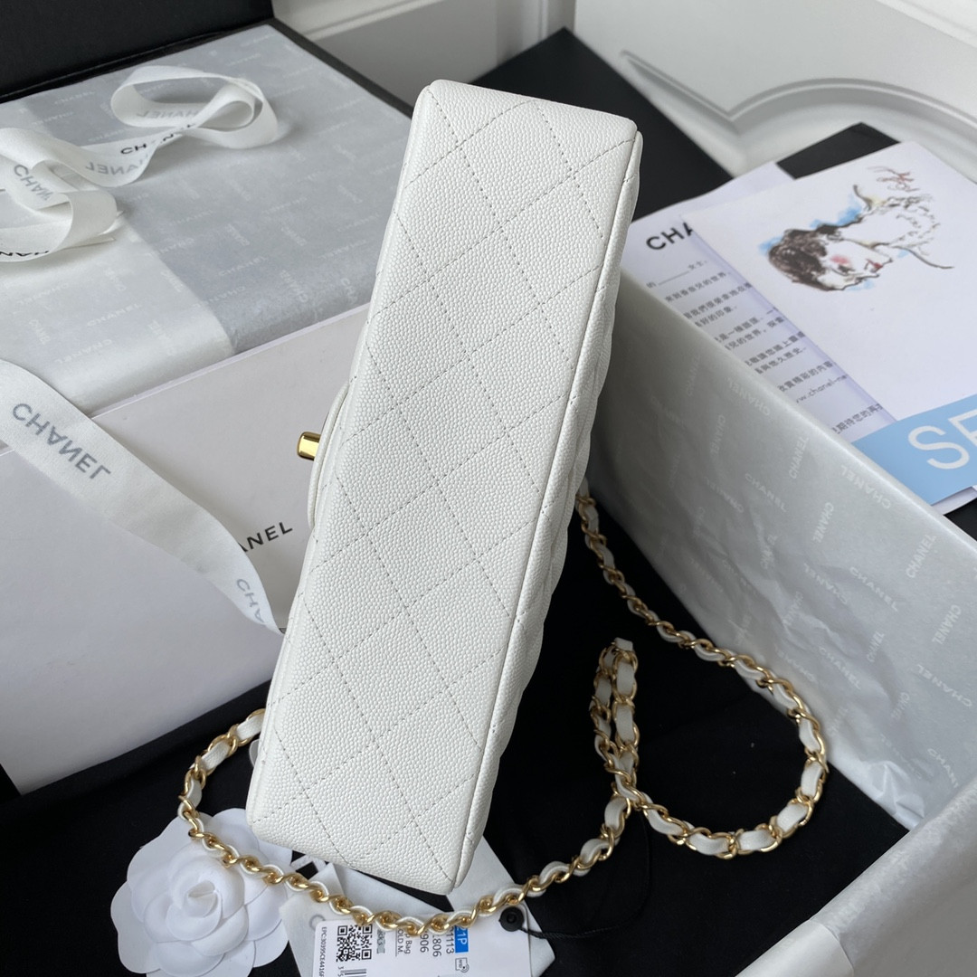 Ch*el small classic handbag grained calfskin & gold-tone metal white 5.7 × 9 × 2.3 in