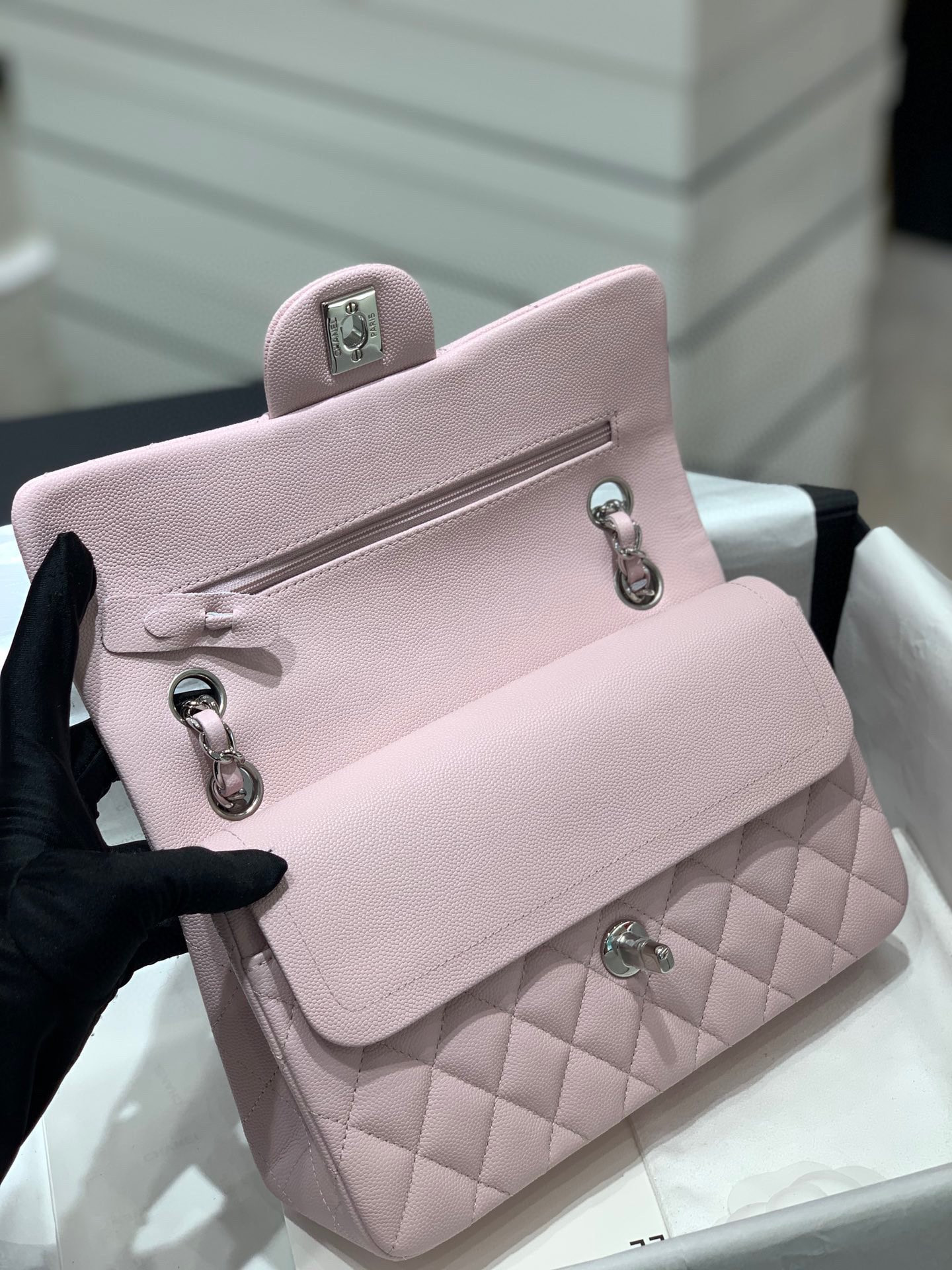 Ch*el classic handbag grained calfskin & silver-tone metal pink 6 × 9.9 × 2.5 in