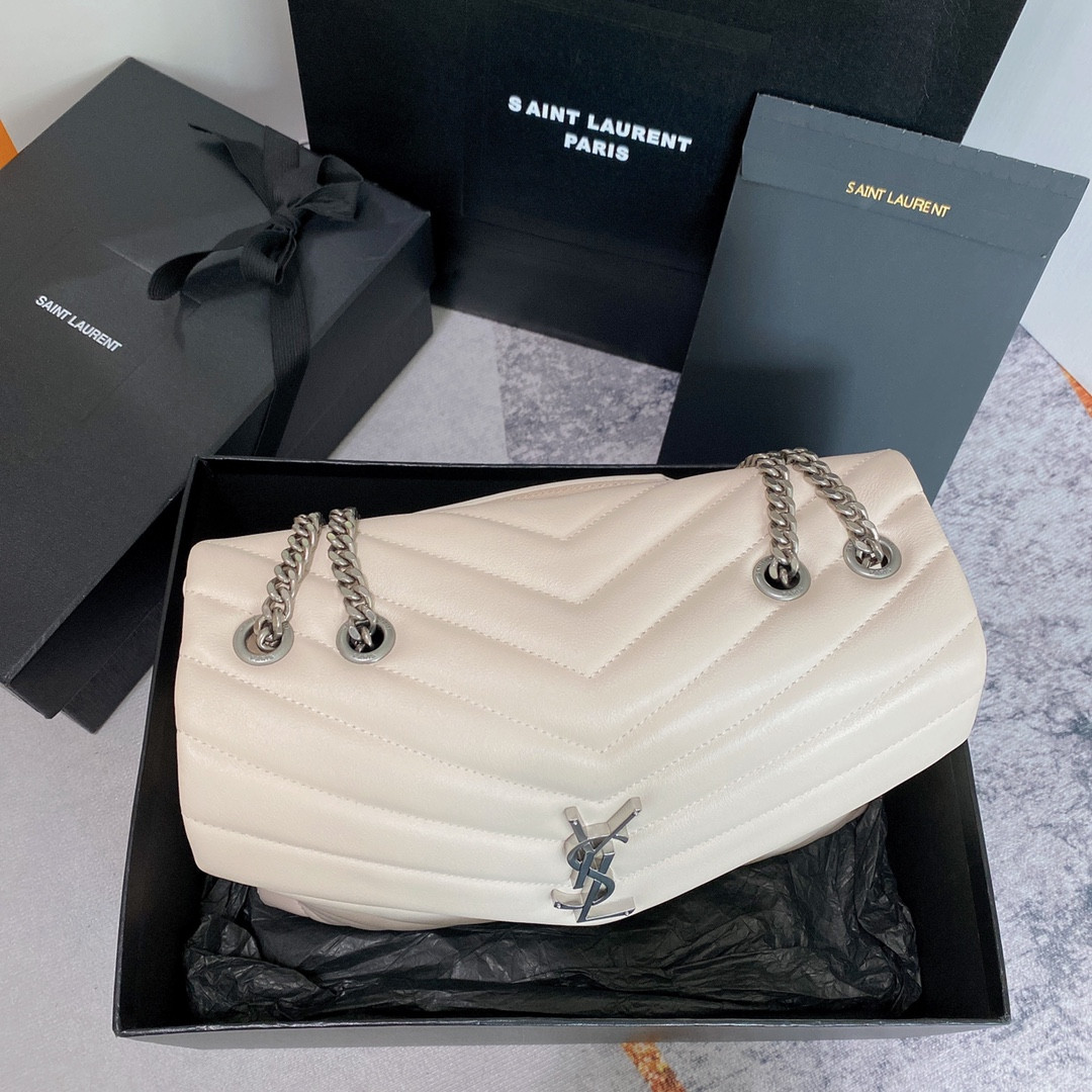Y*L loulou medium in quilted leather blanc vintage silver 12.5 x 8.6 x 3.5 inches
