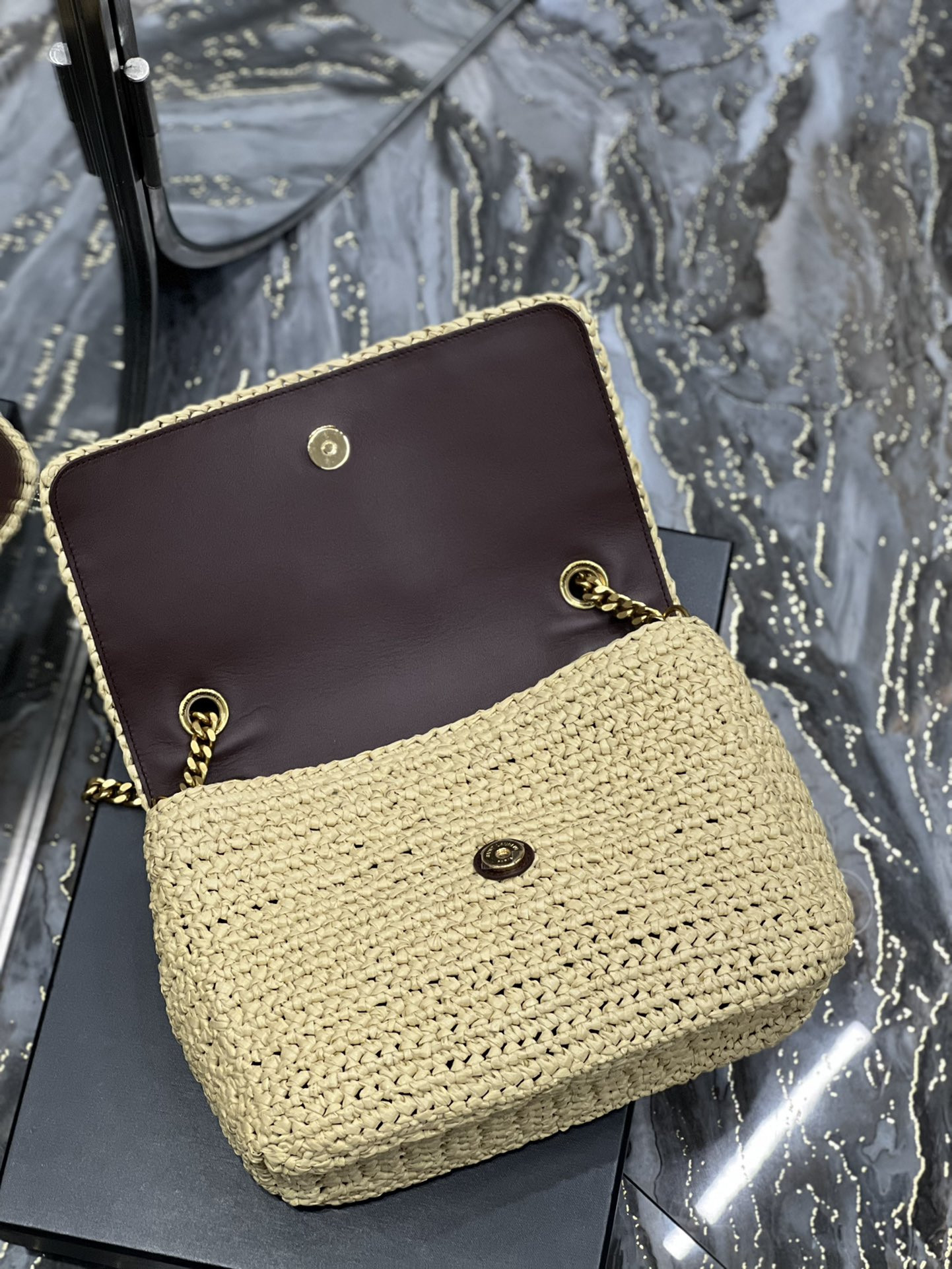 Y*L niki medium chain bag in raffia and leather beige 11 x 7.8 x 3.3 inches