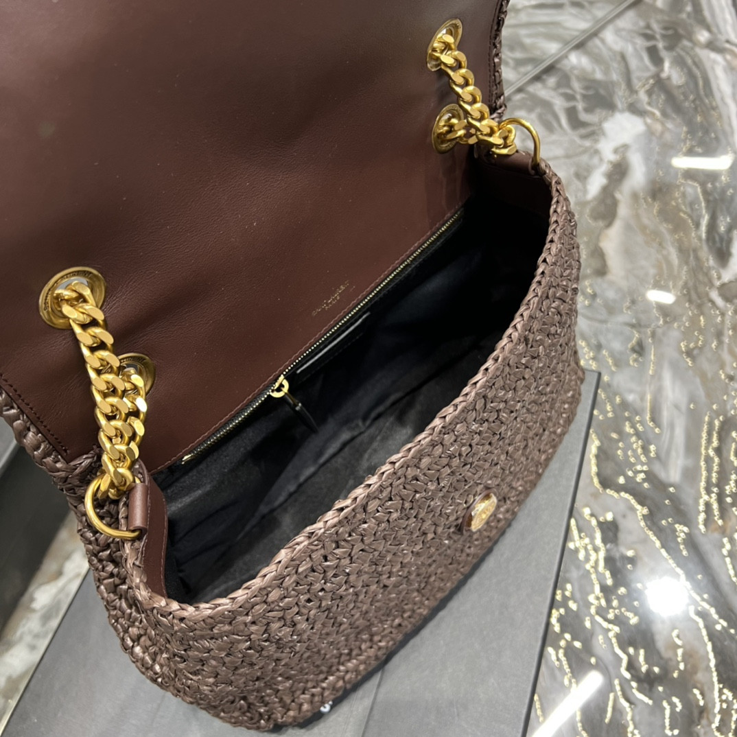 Y*L niki medium chain bag in raffia and leather coffee 11 x 7.8 x 3.3 inches