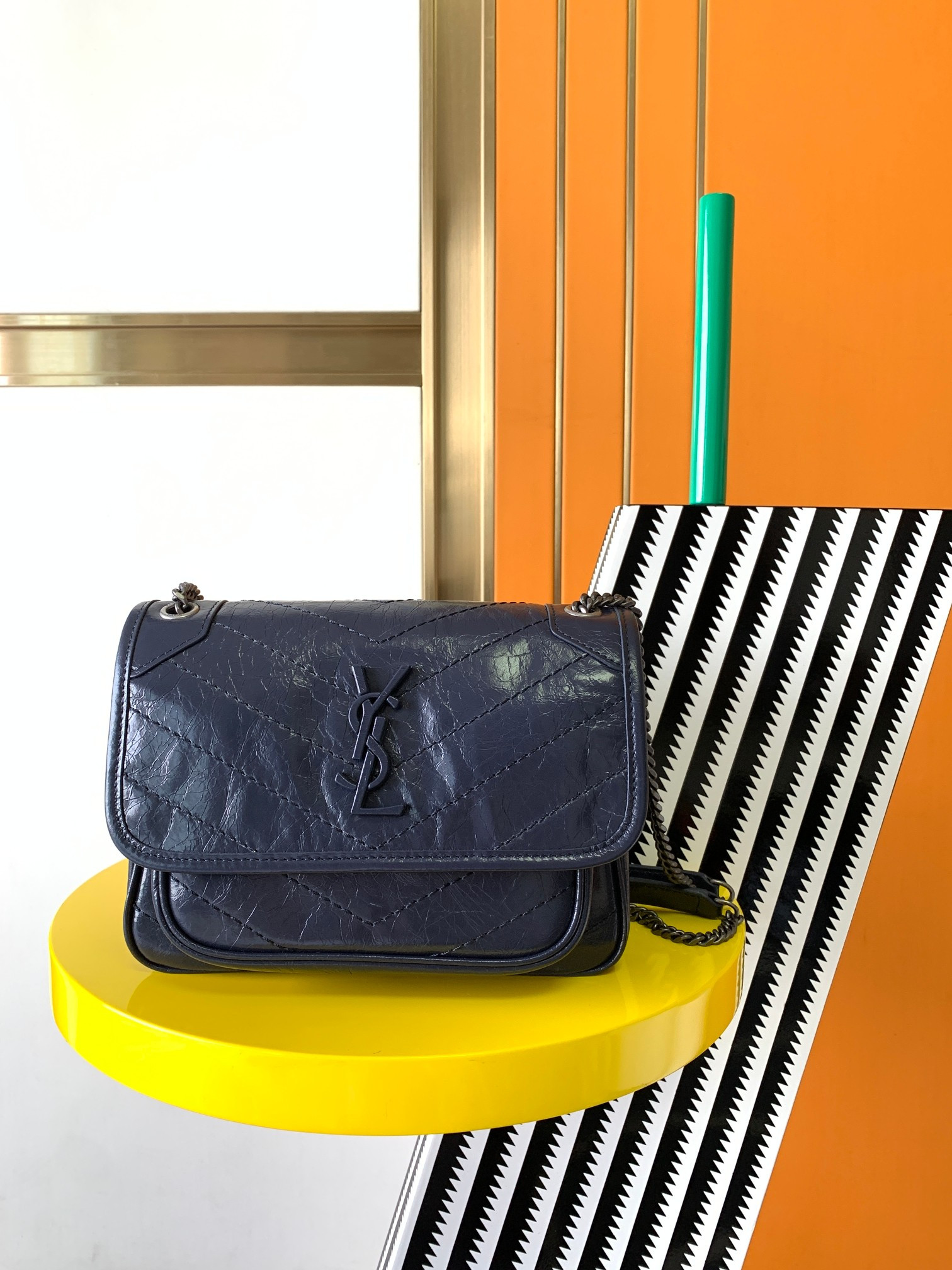 Y*L niki baby in vintage leather navy 8.2 x 6 x 2.9 inches