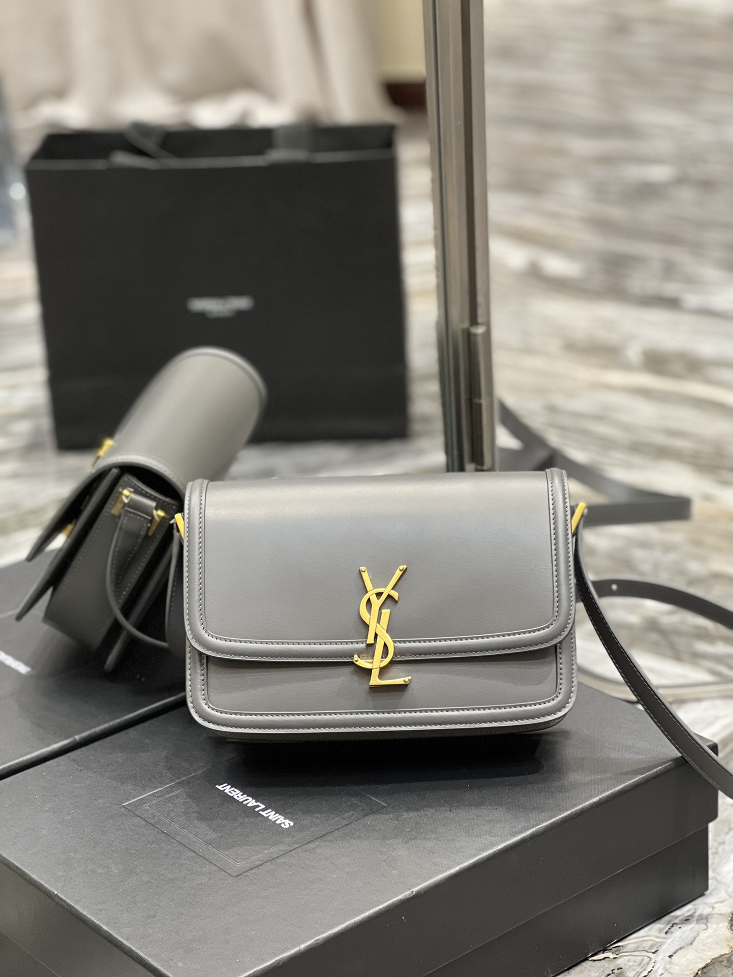 y*l solferino medium satchel in box Sa**t Lau*nt light gray 9.1 x 6.3 x 2.4 inches