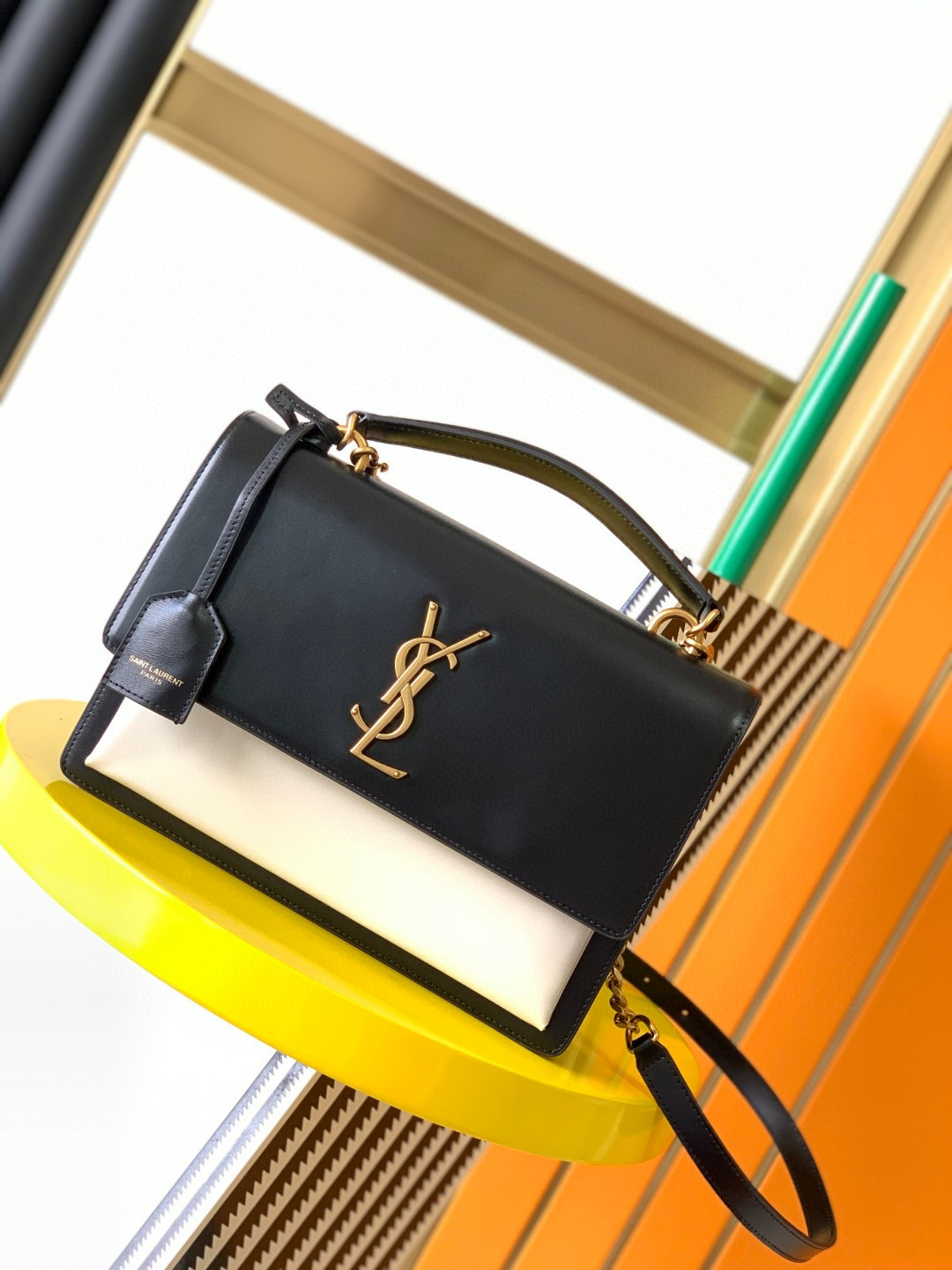 Y*L sunset large in smooth leather black white 10.6 x 7 x 3.1 inches