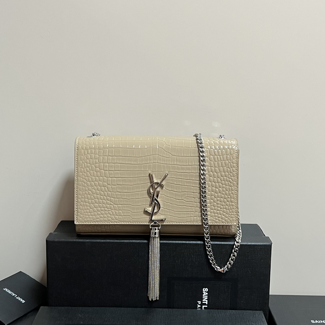 Y*L kate medium tassel in crocodile-embossed leather beige 9.4 x 5.7 x 2.1 inches