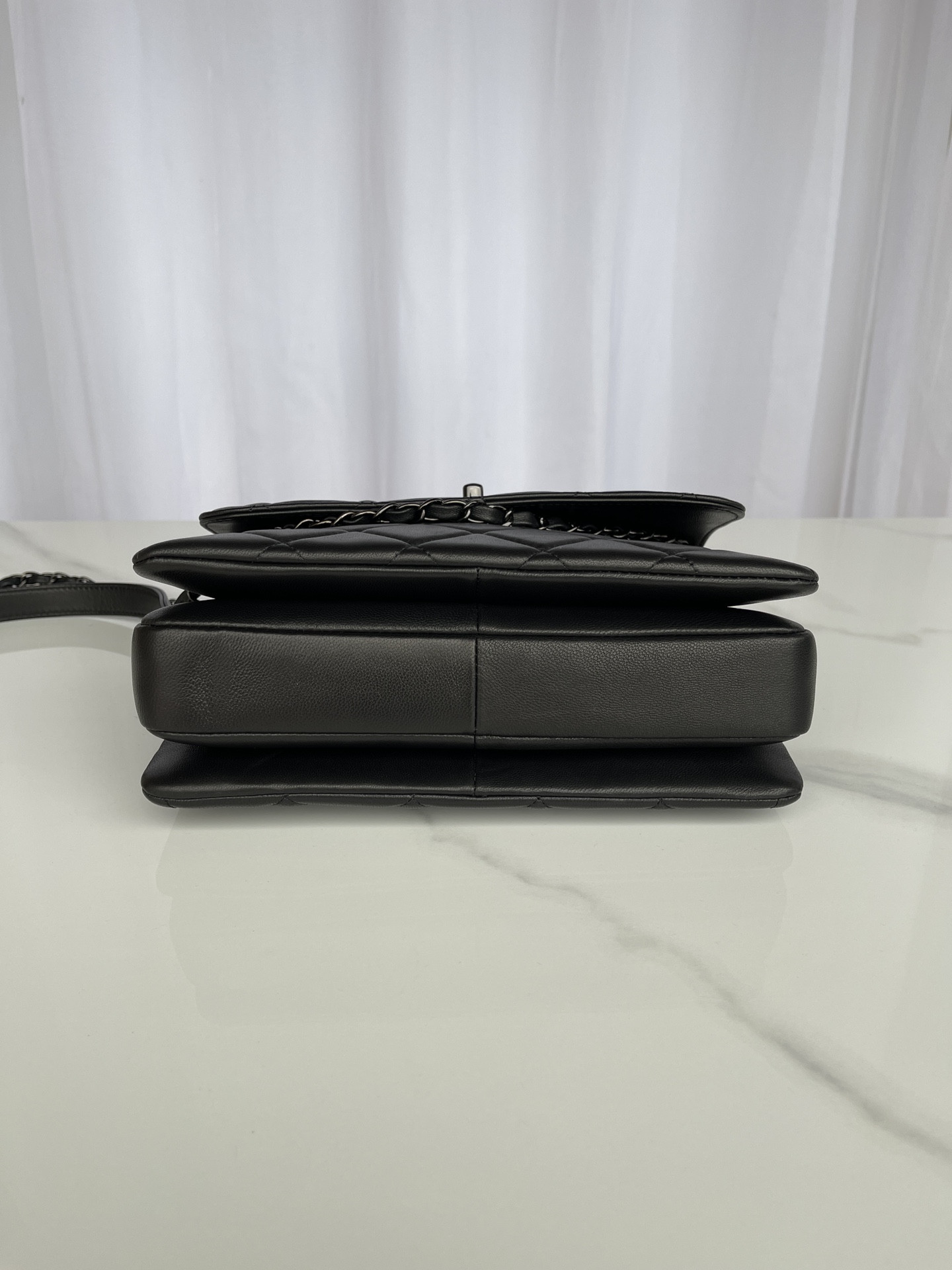 Ch*el flap bag with top handle black 6.6 × 9.8 × 4.7 in