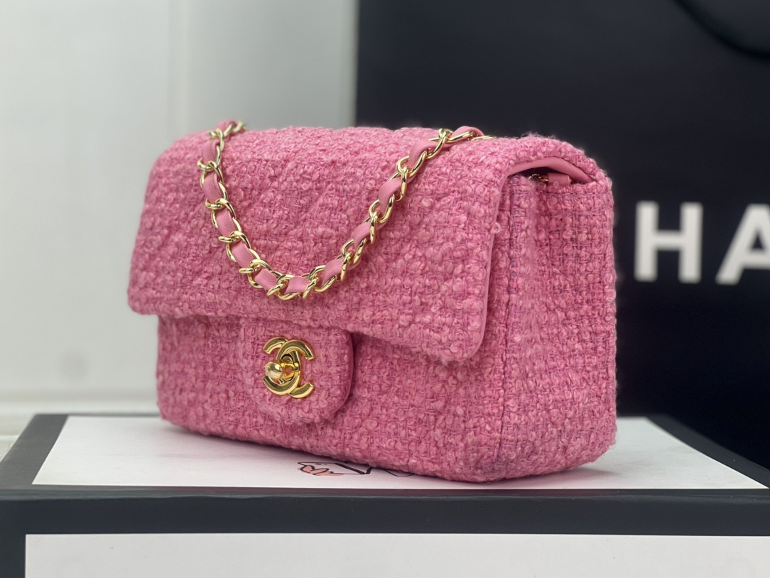 Ch*el mini classic 11.12 handbag tweed & gold-tone metal 4.7 × 7.8 × 2.3 in