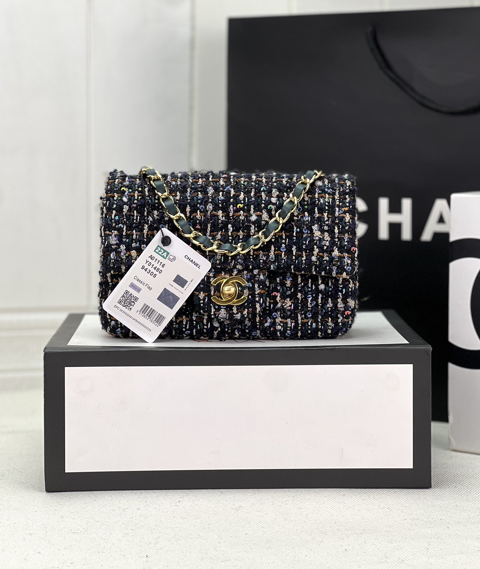 Ch*el mini classic 11.12 handbag tweed & gold-tone metal 4.7 × 7.8 × 2.3 in