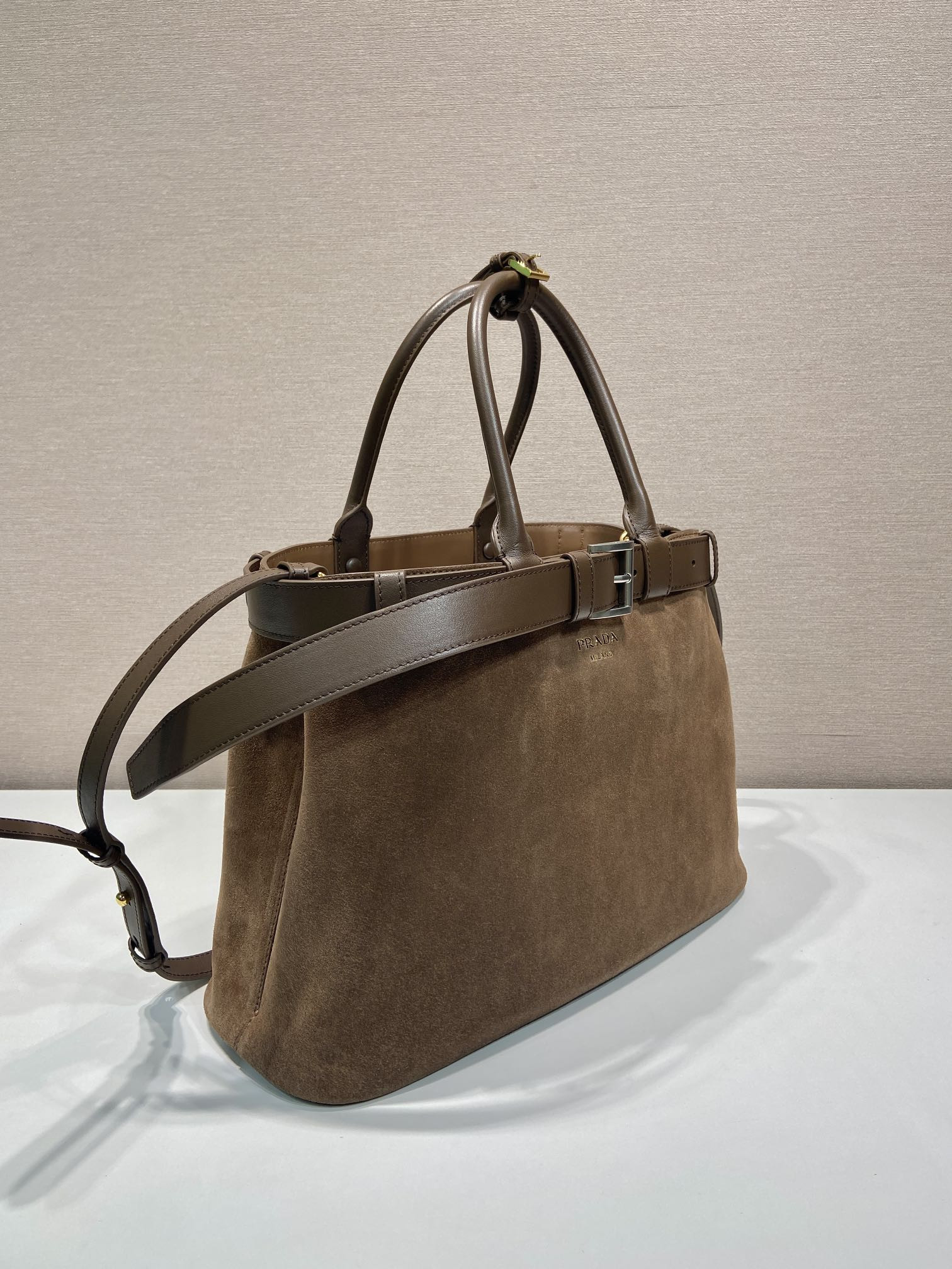 Pra*a large Pra*a buckle suede bag with belt 27.5x37.5x14cm