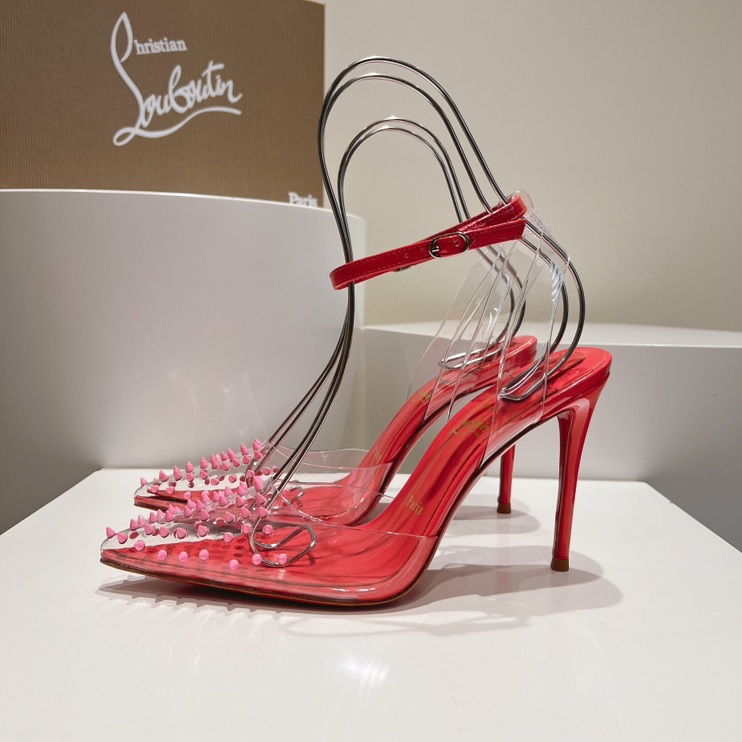 ua Ch**an louboutin cl pointed toe high-heeled transparent studded sandals