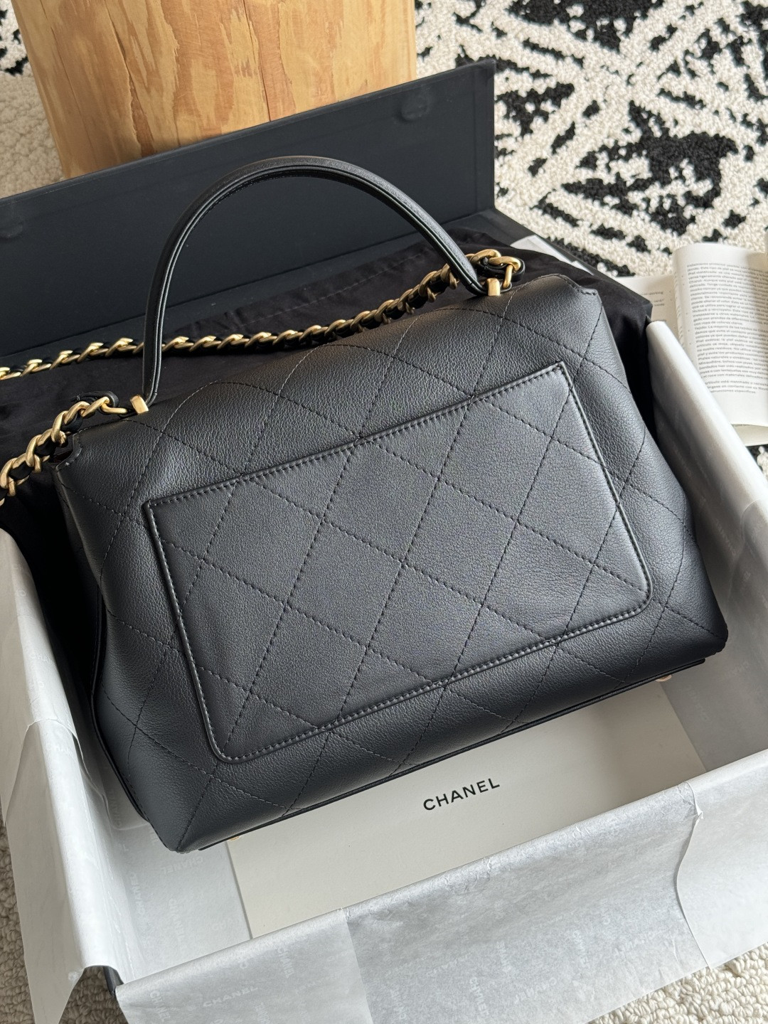 Ch*el large flap bag with top handle calfskin 20.5x28x9.5cm